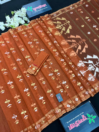 Brick orange halfsilk handloom original dhakai Jamdani saree with golden silver & copper jori work
