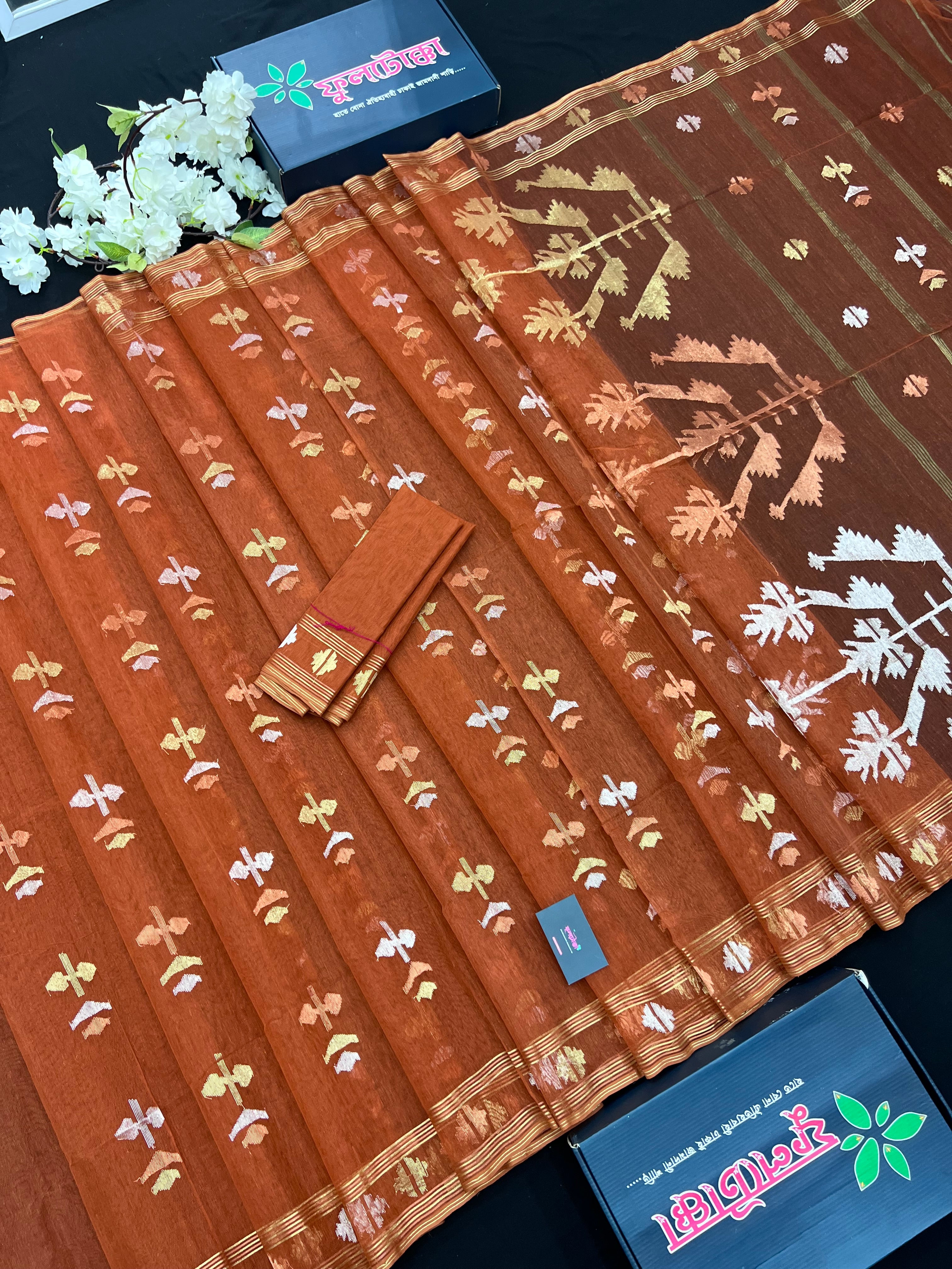 Brick orange halfsilk handloom original dhakai Jamdani saree with golden silver & copper jori work