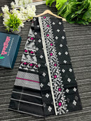 Black cotton jamdani saree with white threads and pink meena work