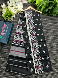 Black cotton jamdani saree with white threads and pink meena work