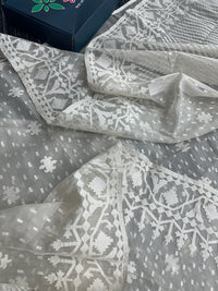 White exclusive halfsilk jamdani saree with white threads work and blouse piece