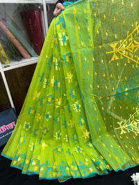 Lamon Green Original  Handloom Halfsilk Dhakai Jamdani Saree With Multiple Threads Work