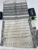 White cotton jamdani saree with black red yellow green threads work & blouse piece.