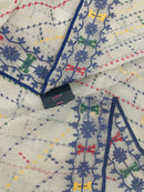 White cotton jamdani saree with blue yellow red green threads work& blouse piece.