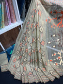 Dark olive halfsilk jamdani saree with orange off white coffe threads work