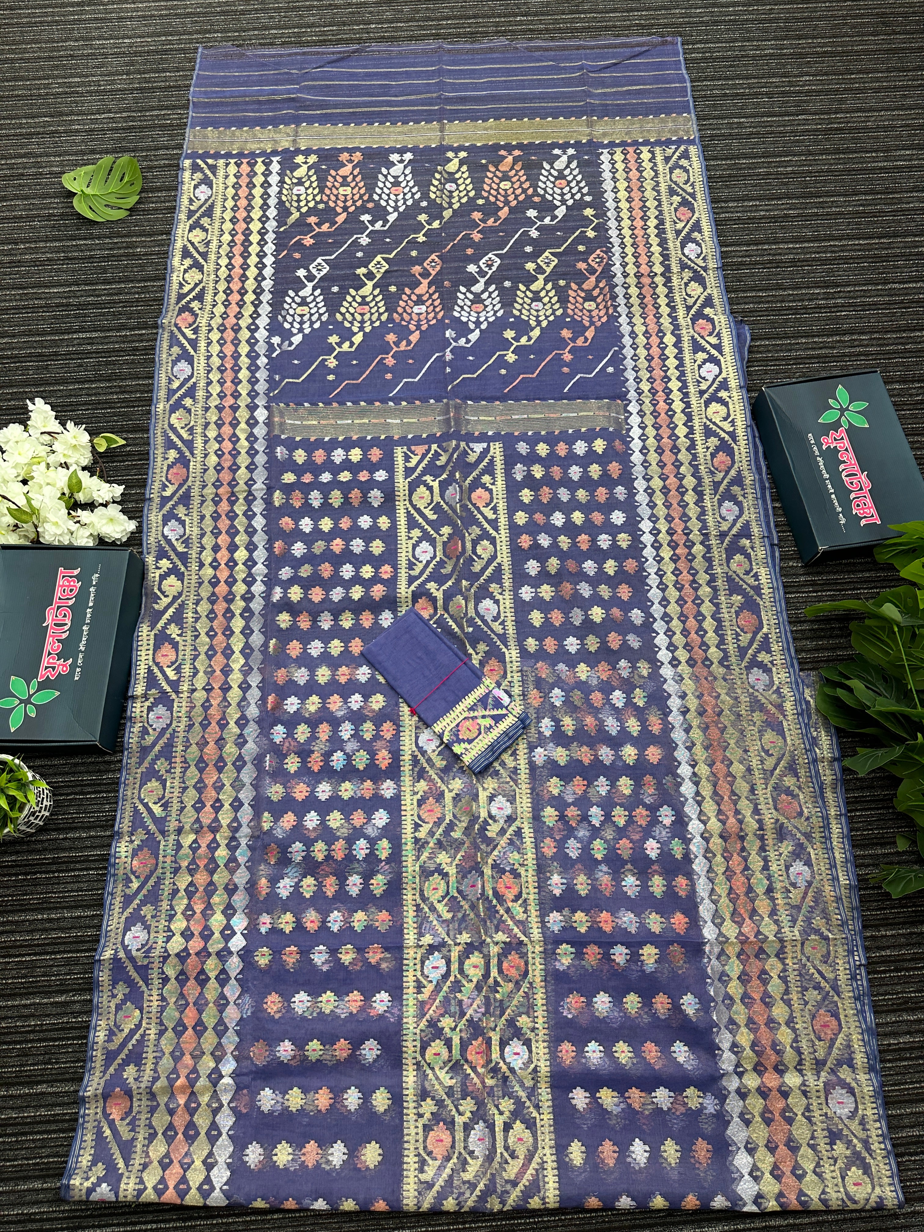 Deep purple exclusive halfsilk jamdani saree with golden silver & copper jori work