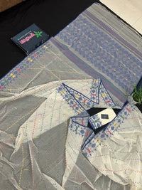 White cotton jamdani saree with blue yellow red green threads work& blouse piece.
