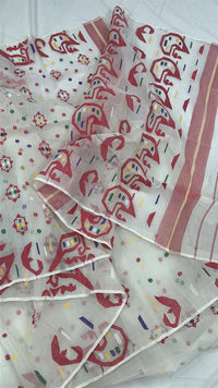 White cotton jamdani saree with multiple colour threads work and blouse piece.