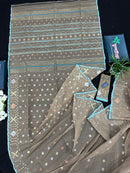 Dull Brown dhakai jamdani saree with golden silver & copper jori work all over work soft count