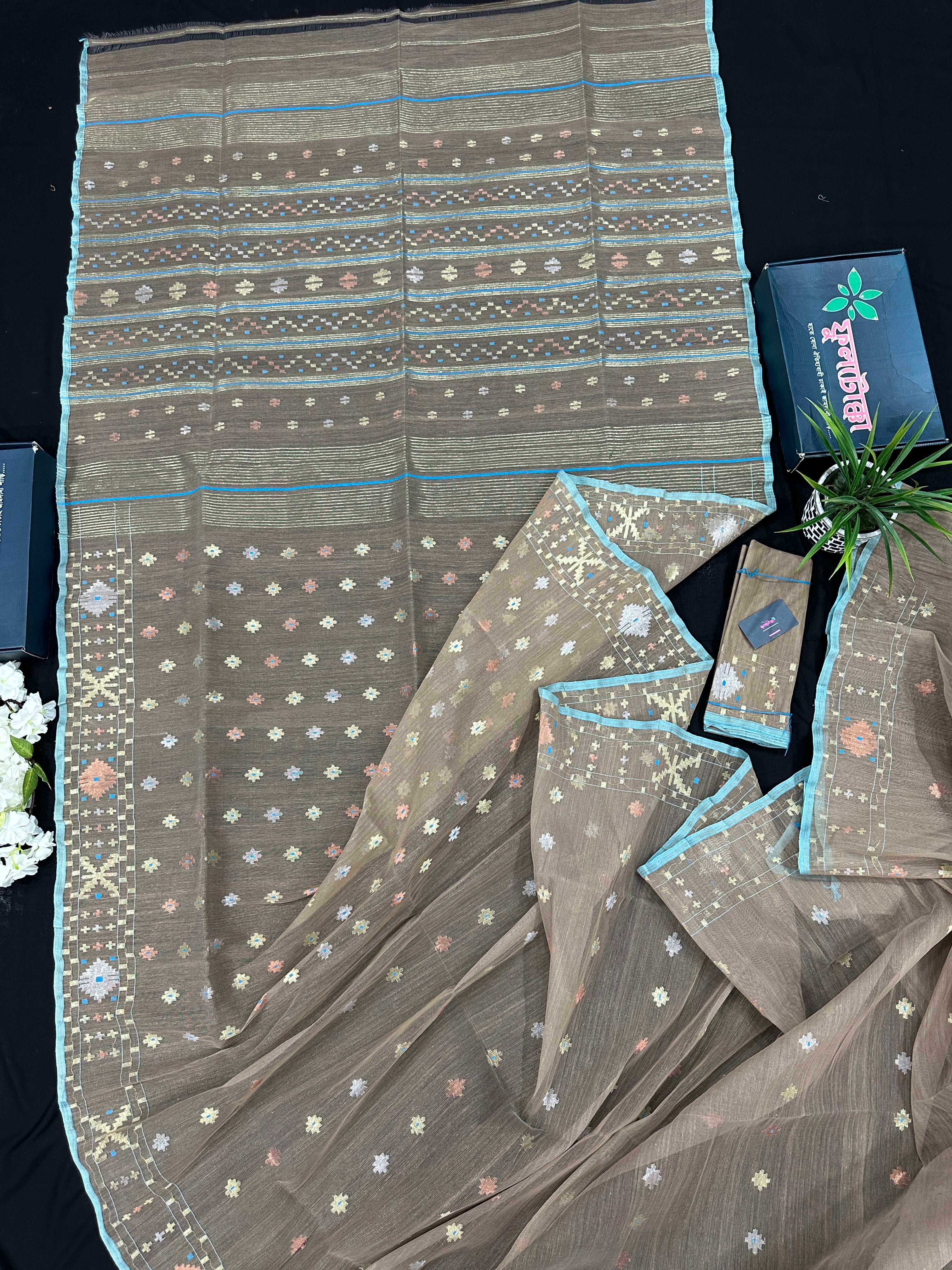 Dull Brown dhakai jamdani saree with golden silver & copper jori work all over work soft count