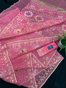 Peach pink jamdani saree with golden silver & copper jori work.
