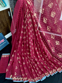 Maroon cotton jamdani saree with golden jori work and blouse piece.