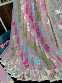 Baby pink halfsilk jamdani saree with blue magenta green off white threads work