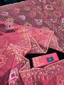 Peach pink jamdani saree with golden silver & copper jori work.