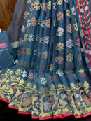 Surma Ash halfsilk jamdani saree with golden silver copper jori work and red border