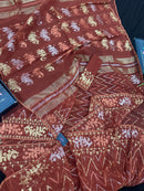 Brown reshom halfsilk jamdani saree with golden silver & copper jori work.