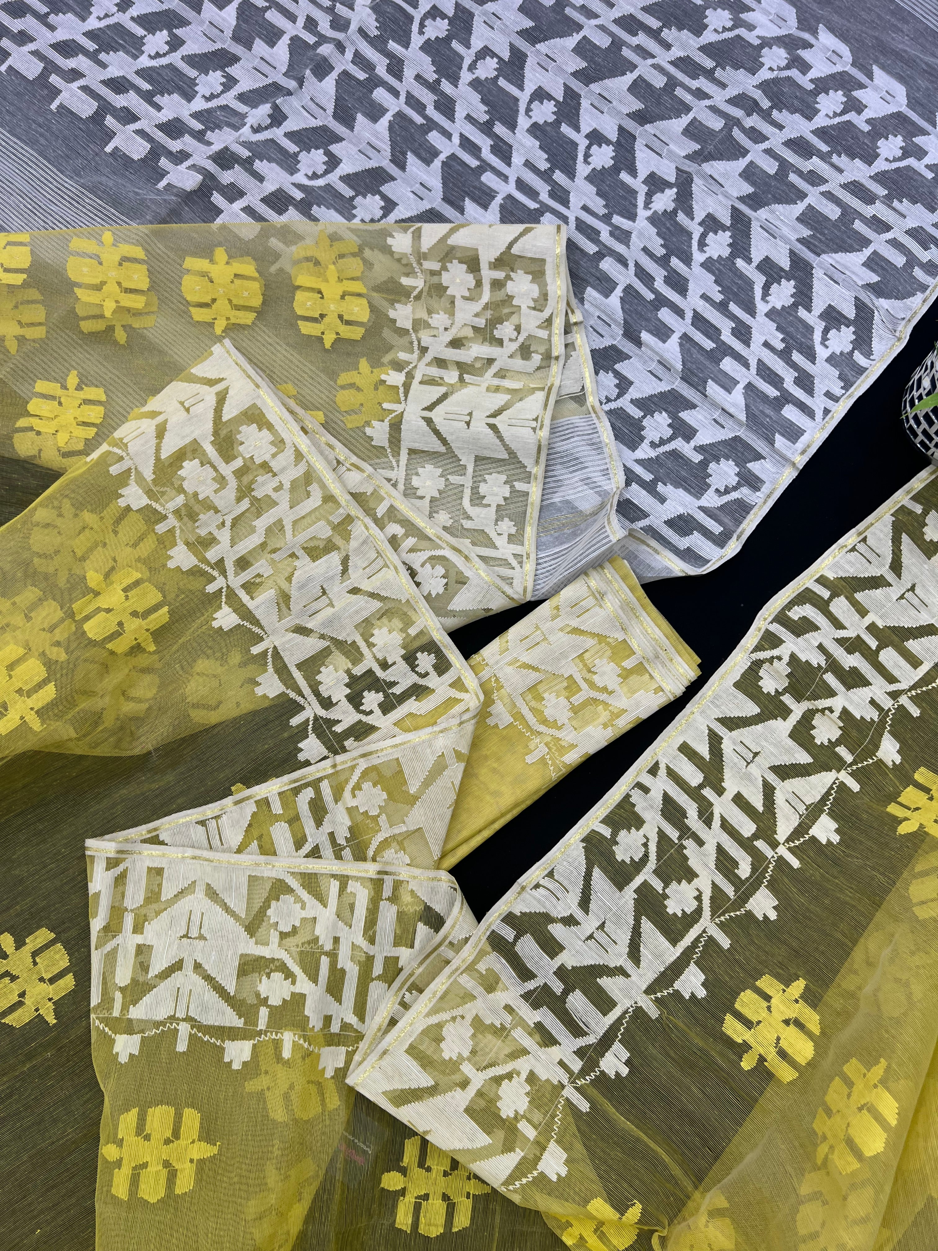 Yellow Colour Original Handloom Halfsilk Dhakai Jamdani With White Threads Work