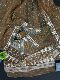 Mehendi Brown Original Handloom Halfsilk Dhakai Jamdani Sarww With Silver Jori Work & Orange Threads Work
