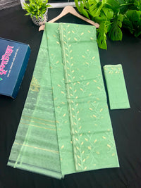 Mint Colour Original Handloom Halfsilk Dhakai Jamdani Saree With Golden Jori Work