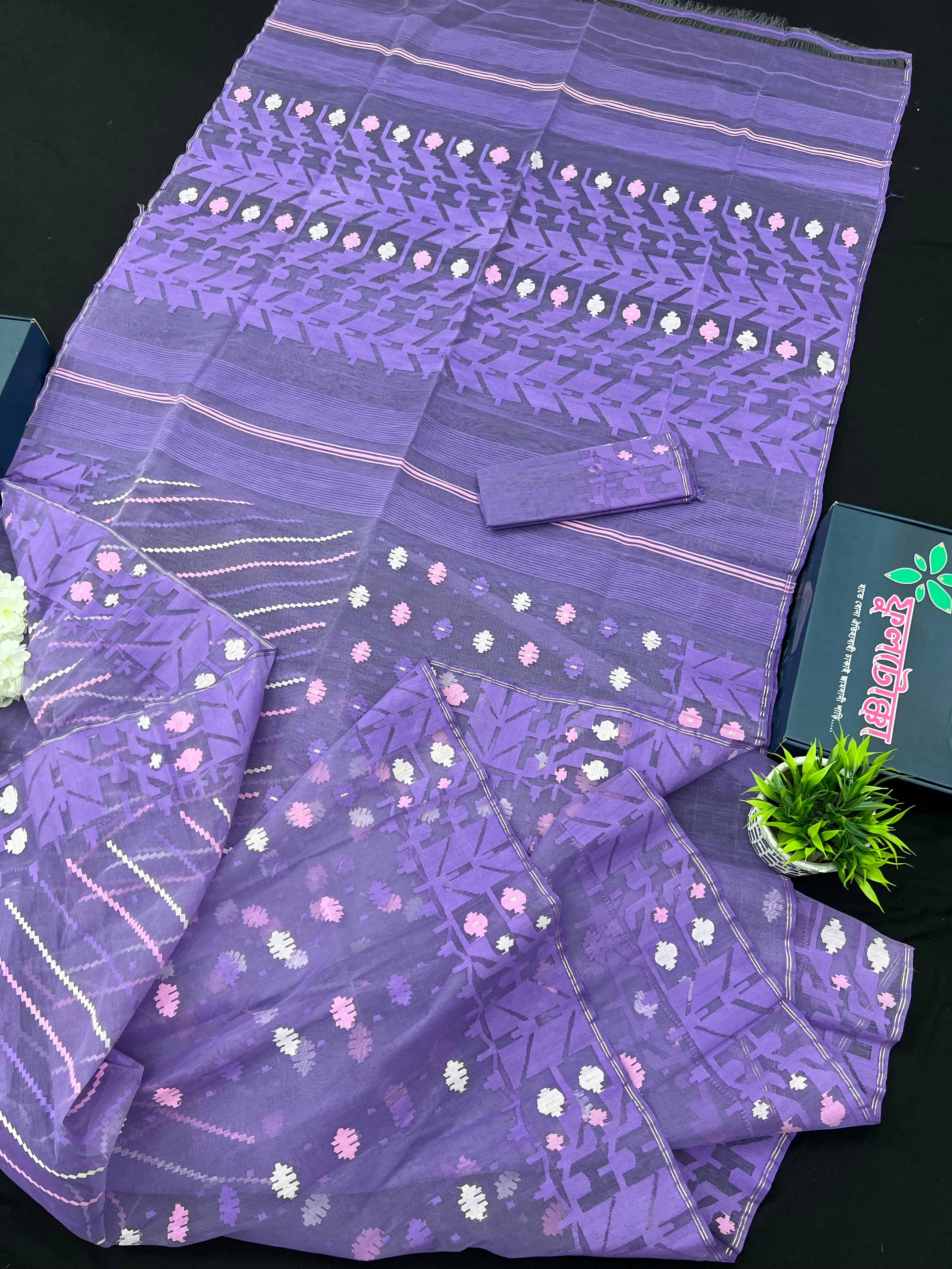 Deep Lavender Original Handloom Halfsilk Dhakai Jamdani Saree With Multiple Threads Work