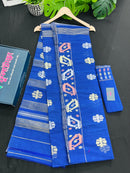 Royal Blue Original Handloom Dhakai Jamdani Saree With Golden Silver & Copeer Jori Work