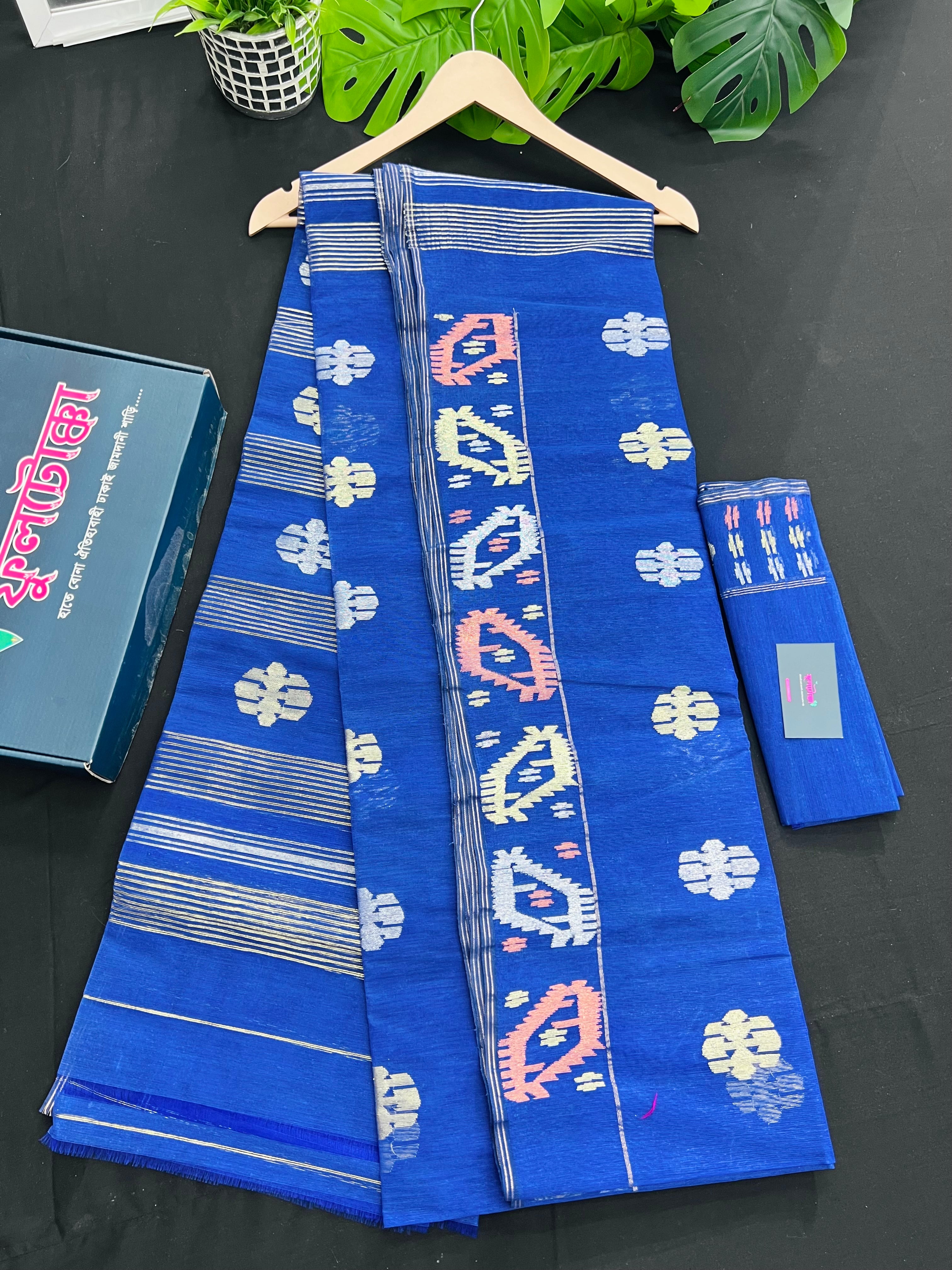 Royal Blue Original Handloom Dhakai Jamdani Saree With Golden Silver & Copeer Jori Work