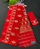 Red Handloom Dhakai Jamdani Saree With Blouse Piece