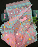 Pink jamdani saree with blue white yellow orange threads work and blouse piece.