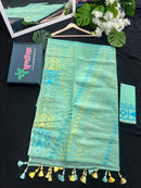 Pastel blue halfsilk jamdani saree with sky jori work and yellow threads work