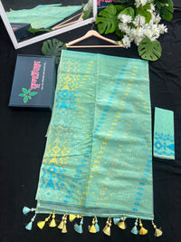 Pastel blue halfsilk jamdani saree with sky jori work and yellow threads work