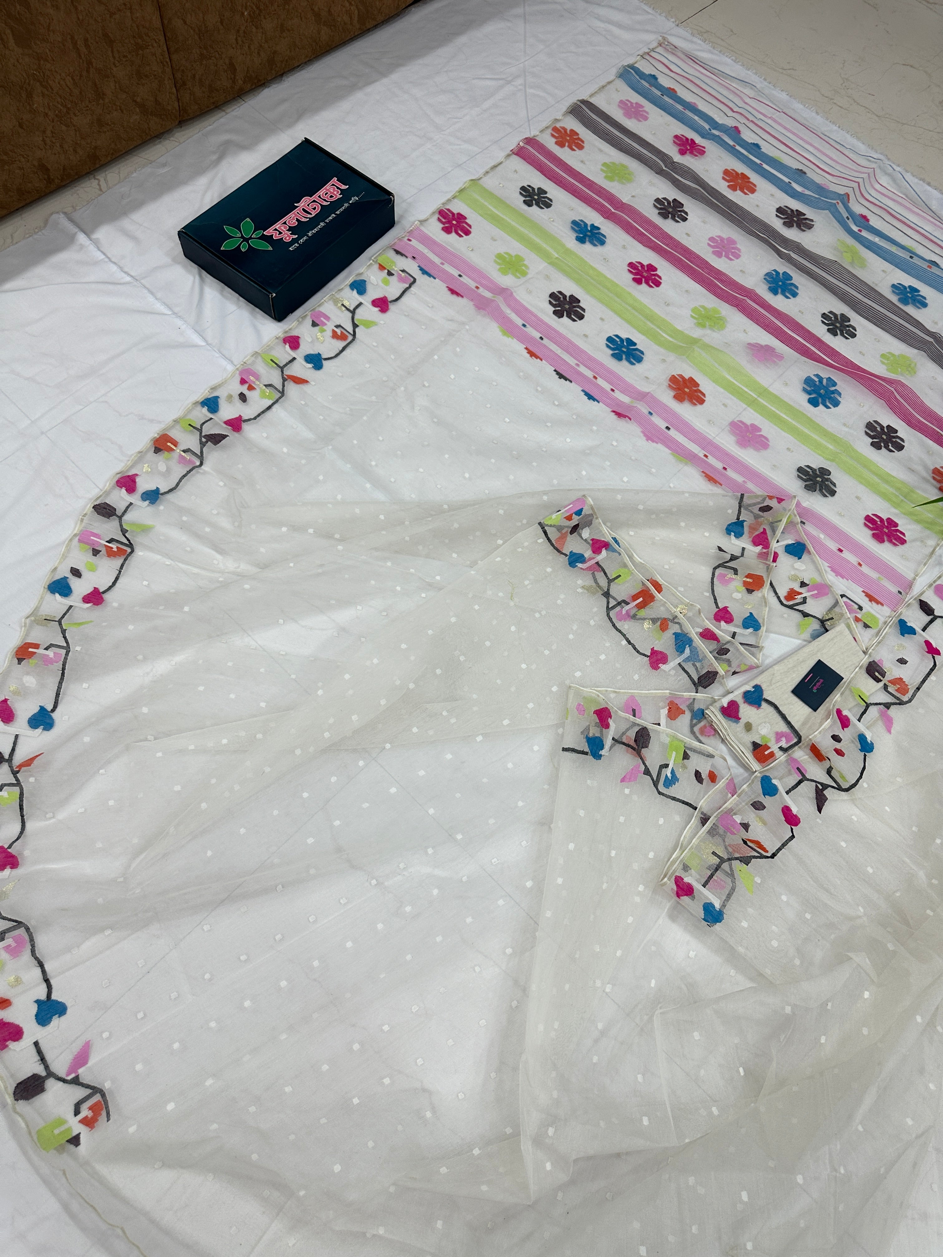 White Jamdani Saree With Multiple Threads Work.