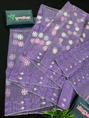 Lavender Jamdani Saree With White Pink Lavender Threads Work.