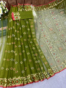 Olive green halfsilk handloom jamdani saree with golden silver & copper jori work