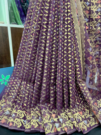 Dark bitrut dual toned exclusive halfsilk jamdani saree with golden silver & copper jori work