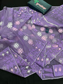 Lavender Jamdani Saree With White Pink Lavender Threads Work.