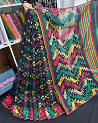 Black cotton jamdani saree with red green yellow multiple threads work