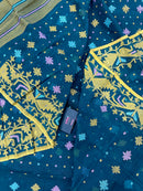 Peacock blue cotton jamdani saree with yellow threads work all over soft count