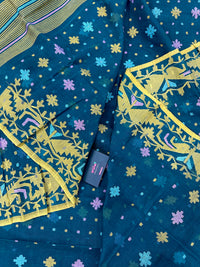 Peacock blue cotton jamdani saree with yellow threads work all over soft count