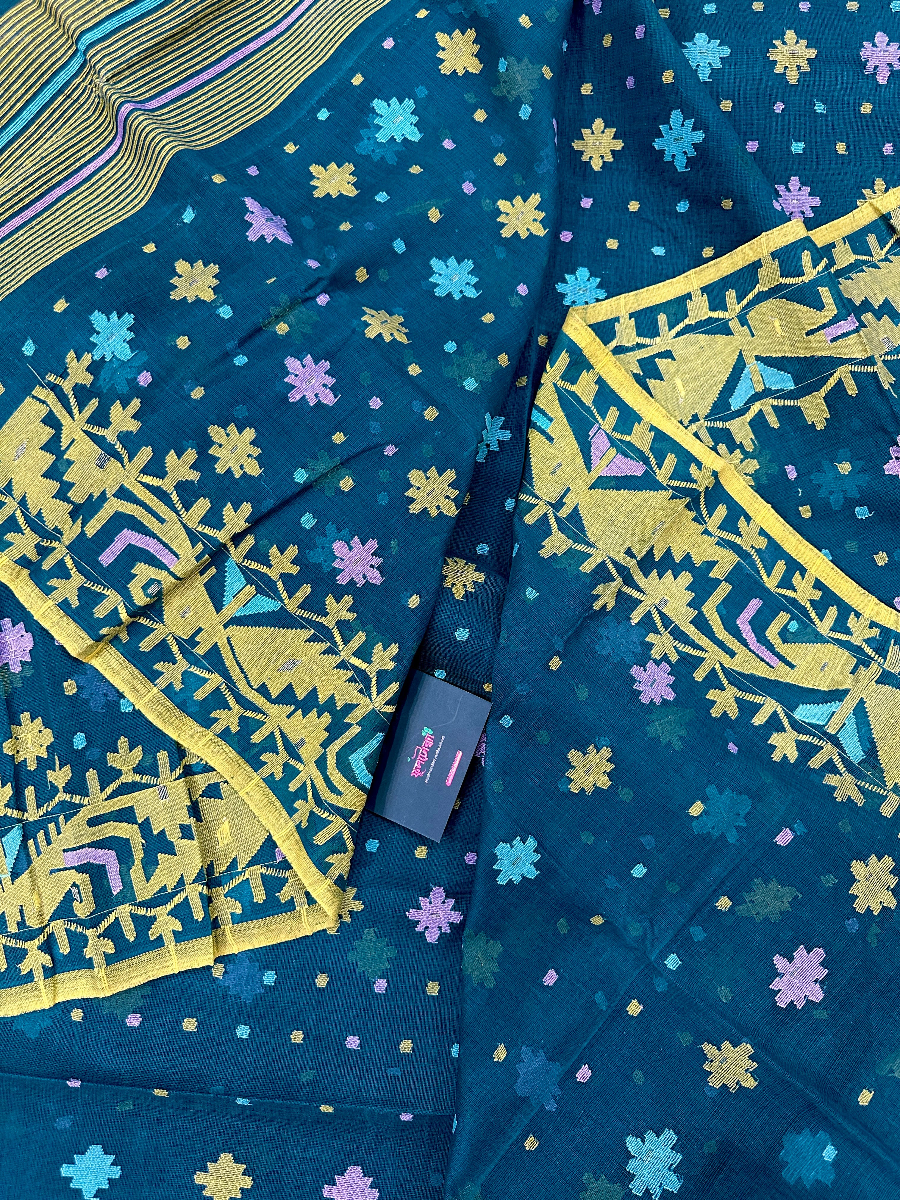 Peacock blue cotton jamdani saree with yellow threads work all over soft count