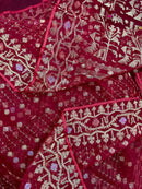 Reddish Maroon Bridal Exclusive dhakai jamdani saree with all over golden jori work soft count.