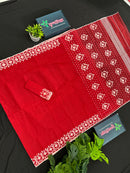Red cotton jamdani saree with white threads work