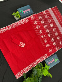 Red cotton jamdani saree with white threads work