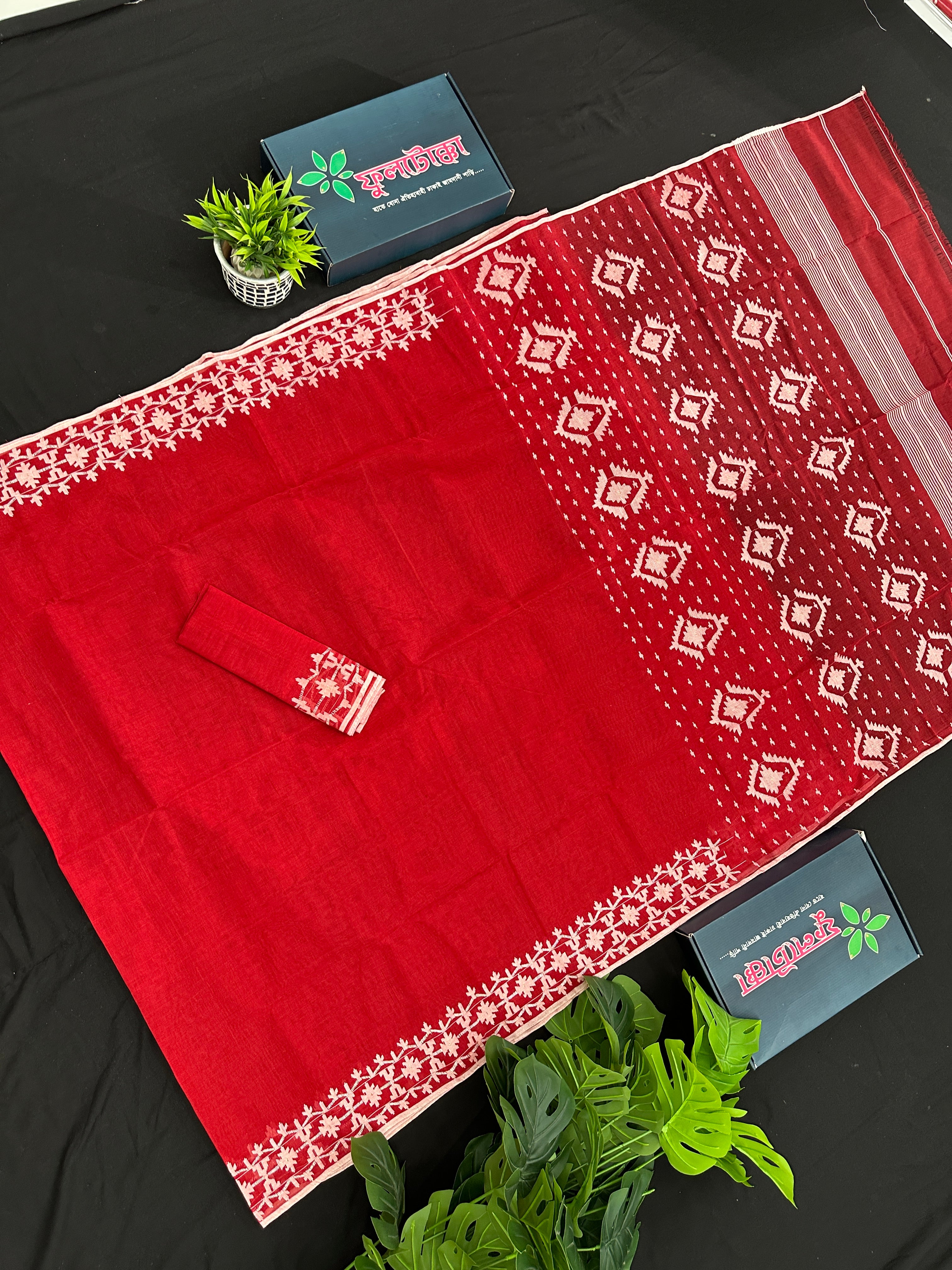 Red cotton jamdani saree with white threads work