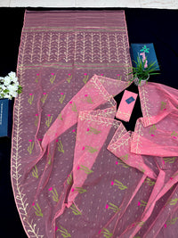 Rosy pink dhakai jamdani saree with golden jori work green thread work and pink flower soft count