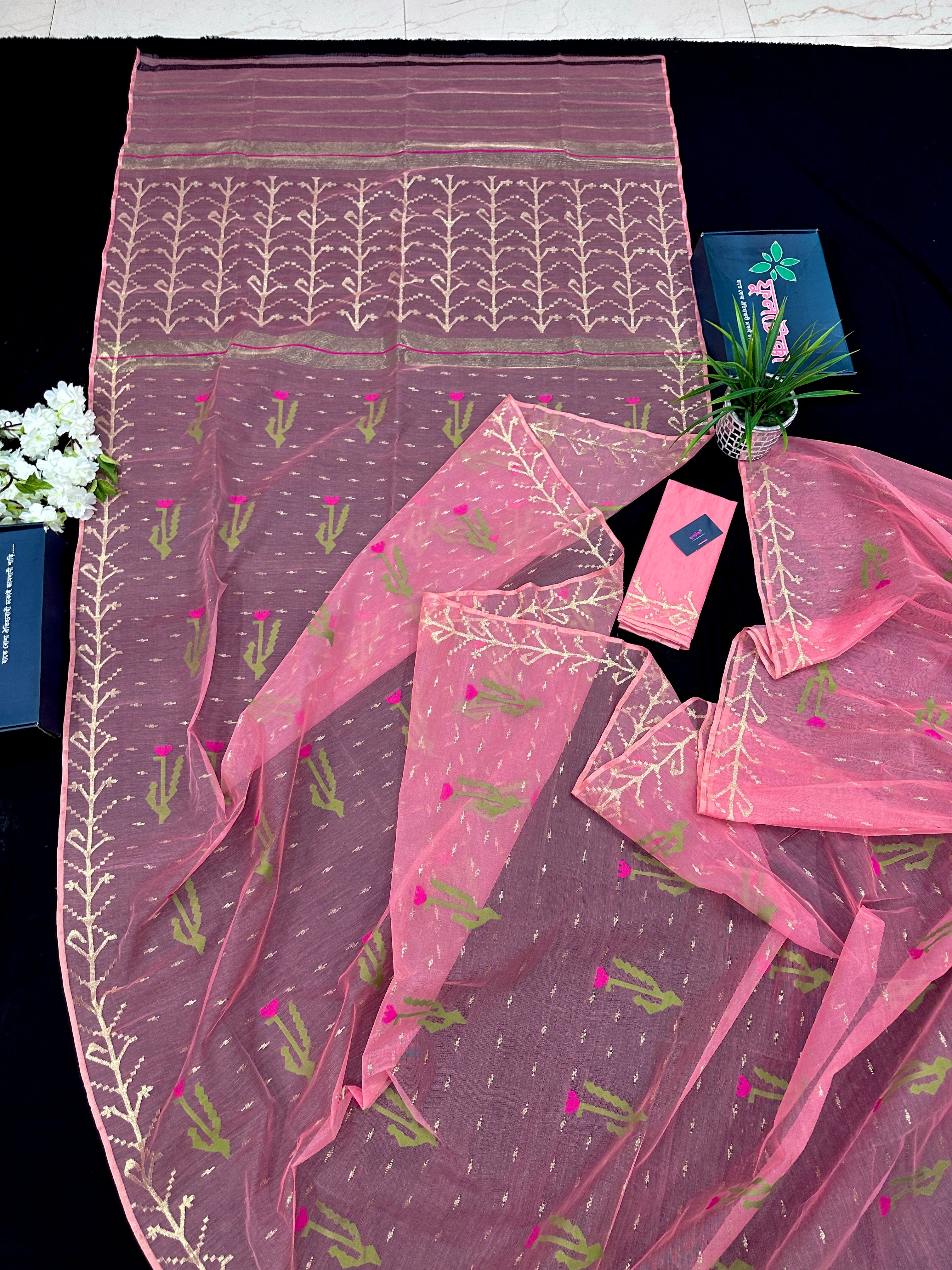 Rosy pink dhakai jamdani saree with golden jori work green thread work and pink flower soft count