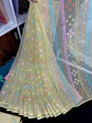 Baby yellow halfsilk jamdani saree with pink blue orange yellow threads work