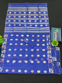 Royal Blue Original Handloom Dhakai Jamdani Saree With Golden Silver & Copeer Jori Work