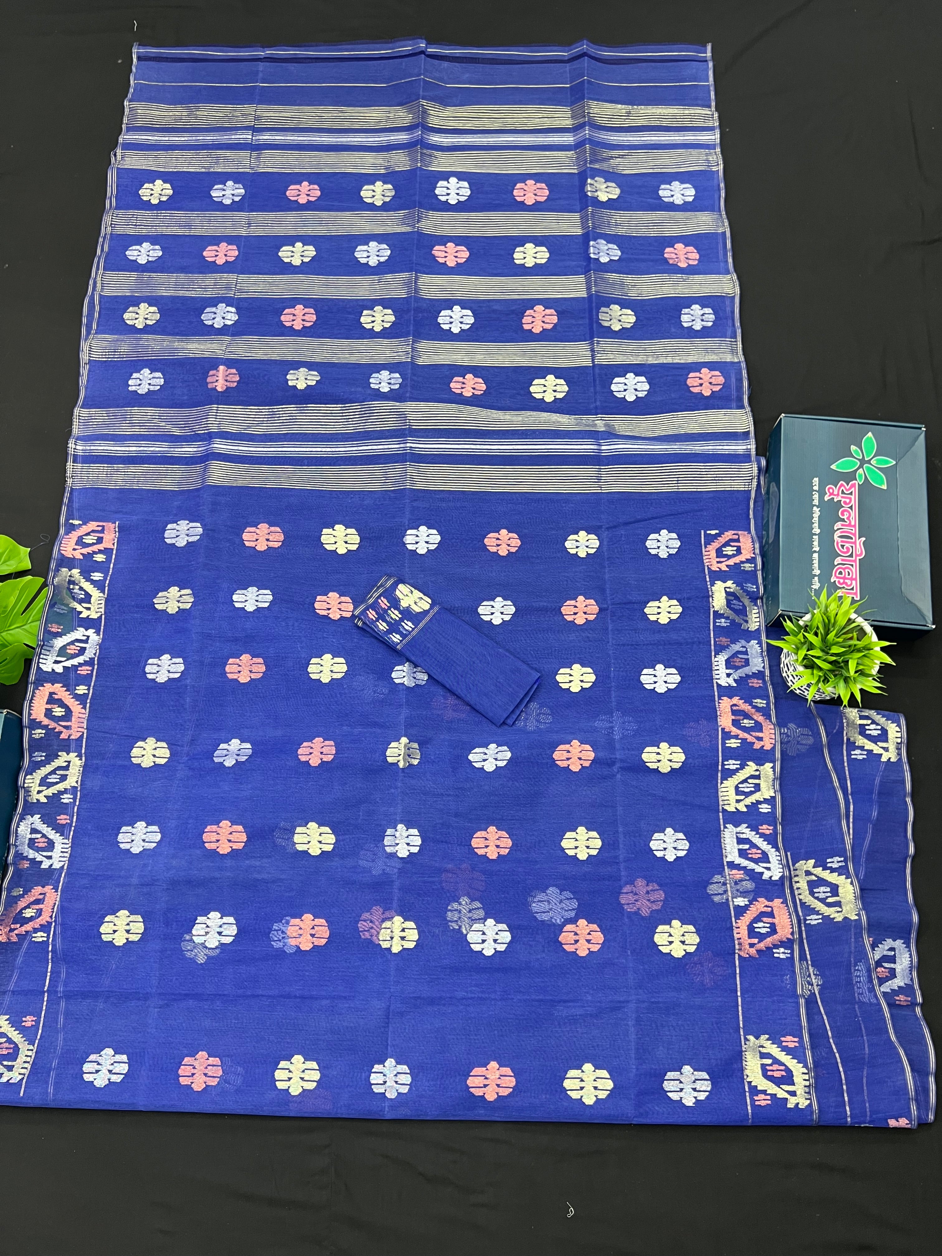Royal Blue Original Handloom Dhakai Jamdani Saree With Golden Silver & Copeer Jori Work