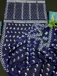 Navy blue jamdani saree with silver jori work soft threads all over work.