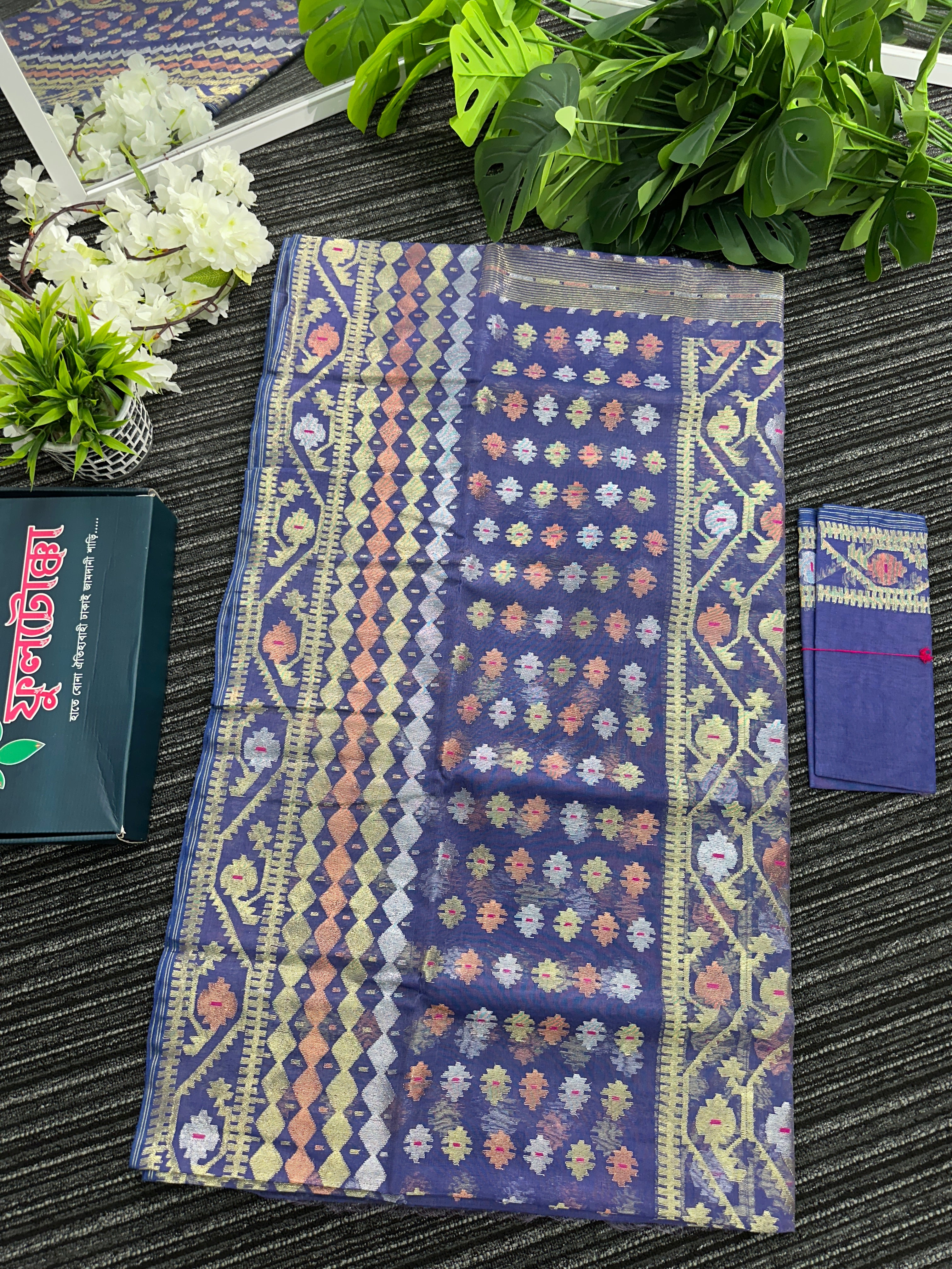 Deep purple exclusive halfsilk jamdani saree with golden silver & copper jori work